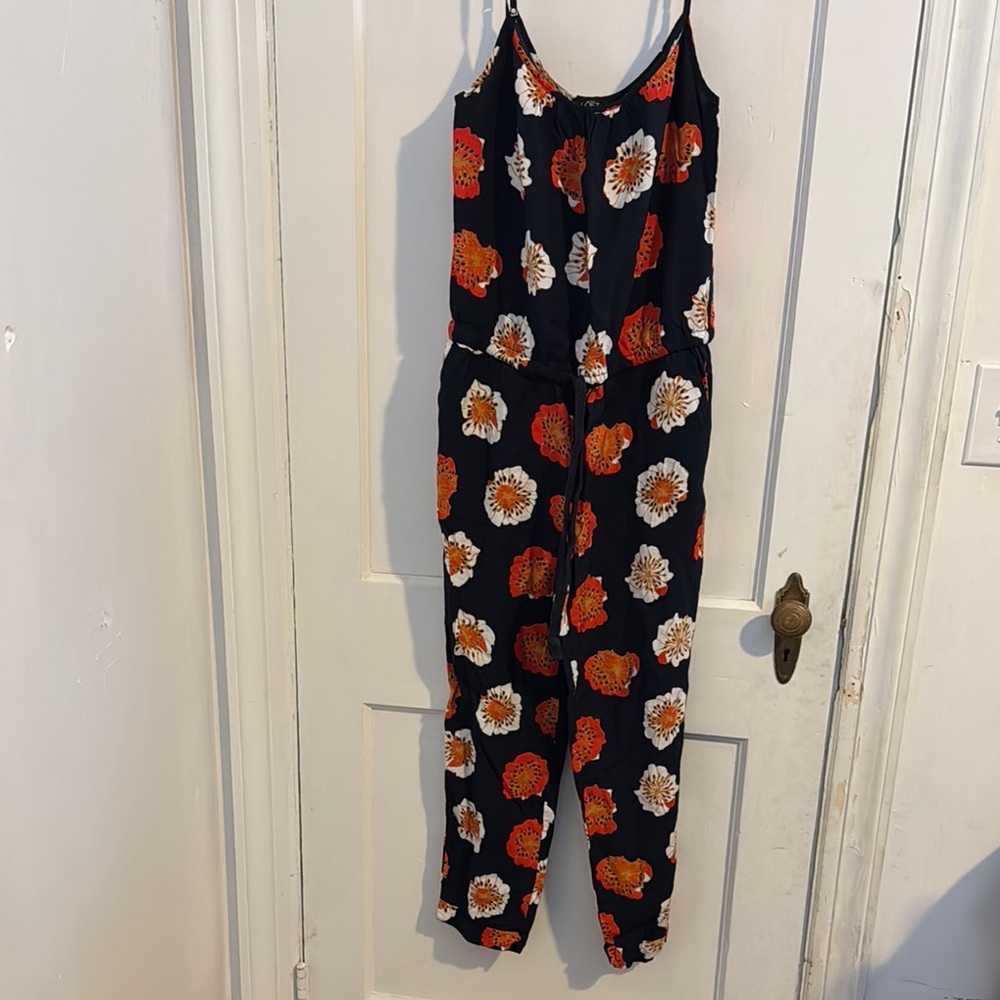 Floral Print Jumpsuit - Black and Orange